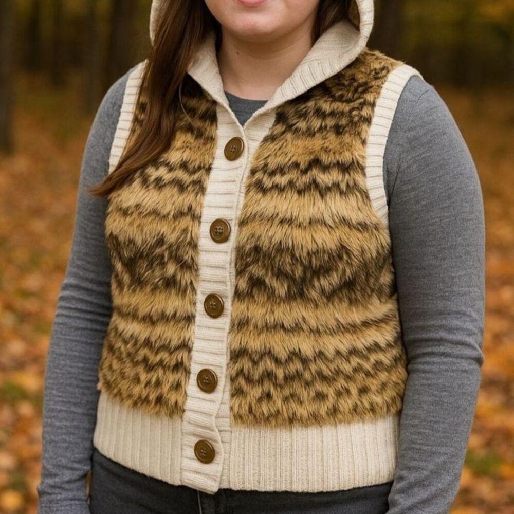It’s Our Time Faux Fur Hooded Sweater Vest Juniors XL Women’s M/L Leopard Cozy
